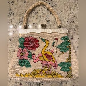Vintage Embroidered Beaded Handbag with Floral and Bird Design